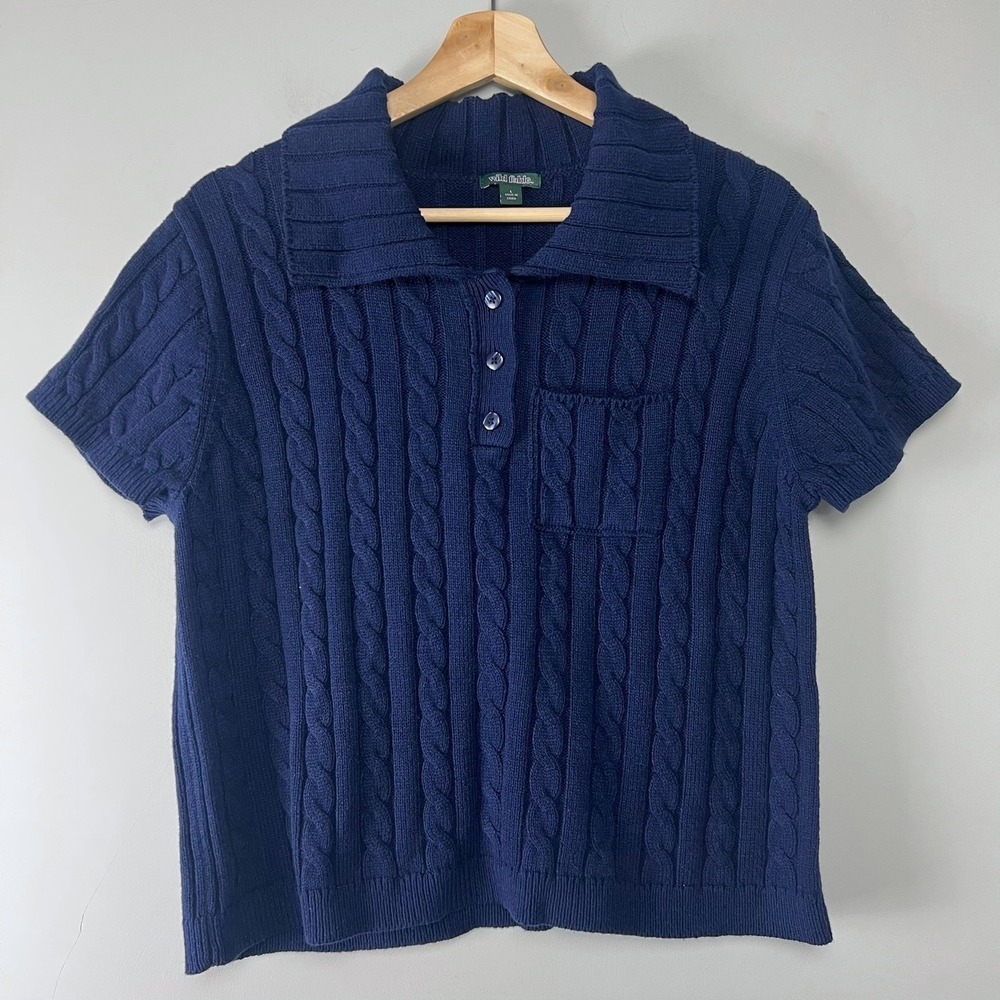 Wild Fable Navy Blue Cable Knit Polo Sweater Top L Preppy Academia Schoolgirl